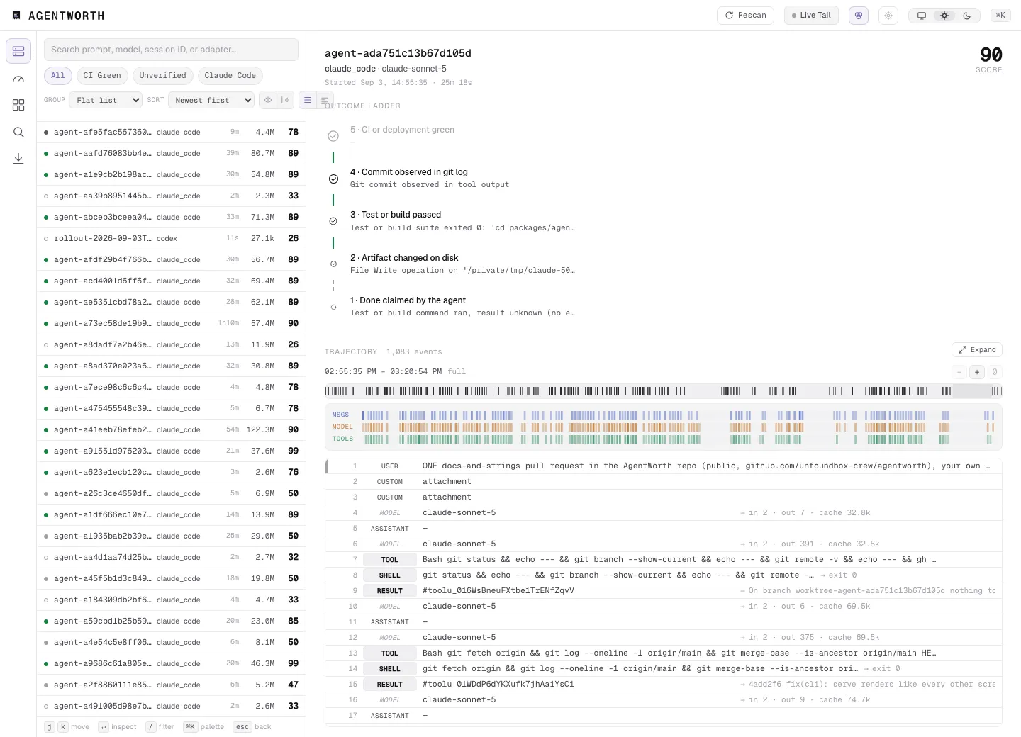 The AgentWorth explorer showing one session, its evidence ladder, and the commands behind each rung quoted from the transcript.
